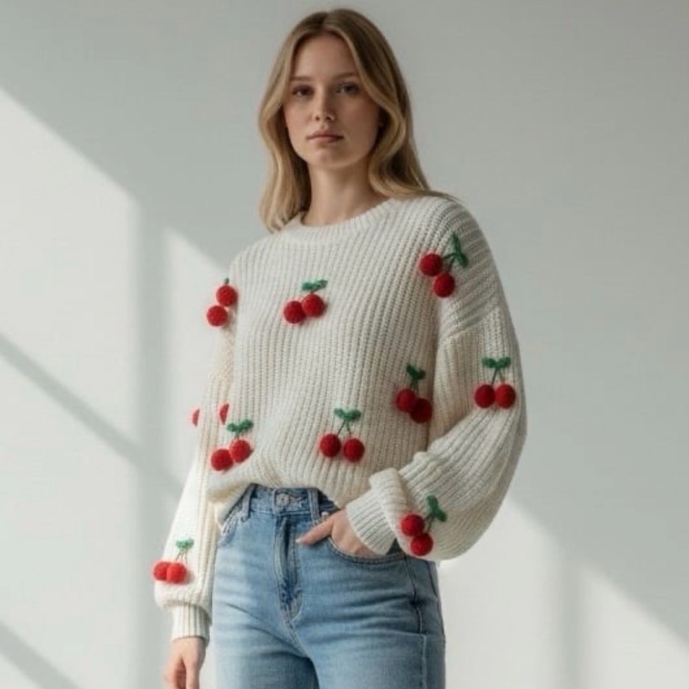 Ivory Chunky Knit Sweater with 3D Cherry Fruit Detail • Oversized Boho Large